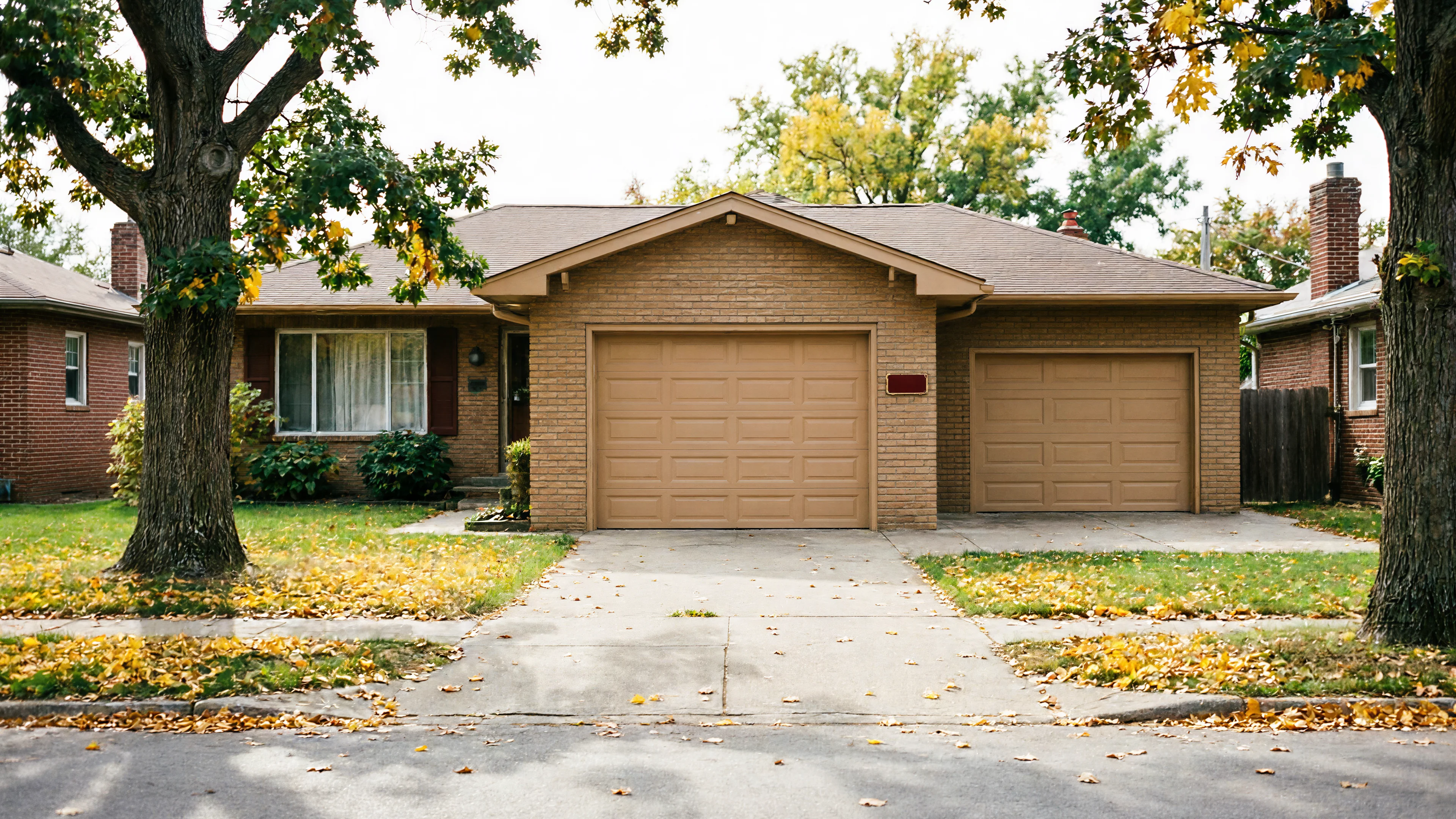 A brick house has two tan garage doors and a driveway with fallen leaves.